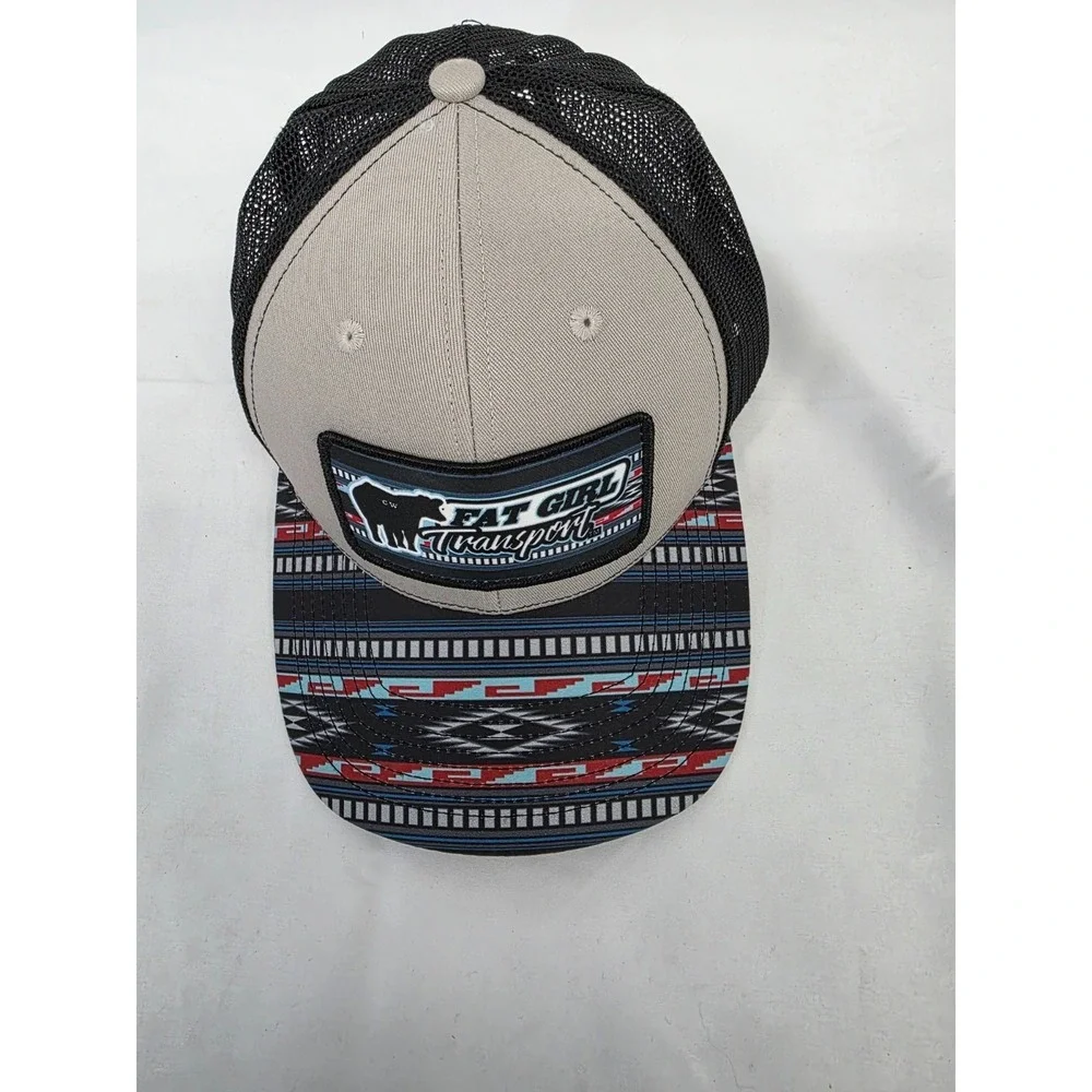 Fat Girl Transport Trucker Hat Tan Black Mesh Snapback Southwestern Pattern Bill